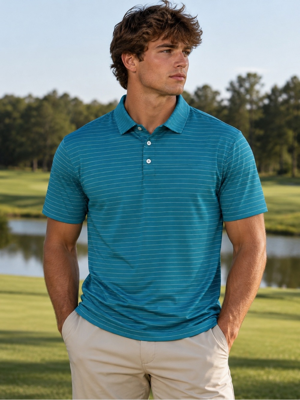 Men's Teal Stripe Performance Polo